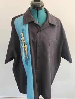 💈Steady Xl Men's Grey Short-Sleeve Button-Up Shirt with Blue Pinup Panel